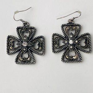 Vintage Pewter Filigree Cross Earrings with Faux Diamond Center Stones Crystals